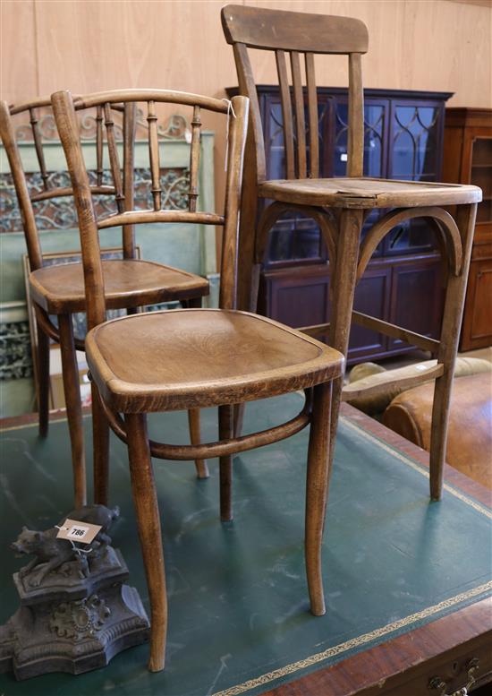 A pair of Bentwood chairs and a bar stool